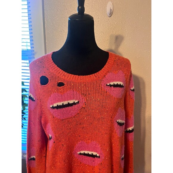 Wildfox Motormouth Lip Print Orange Red Distressed Relaxed Knit Sweater Top Sz S - Picture 2 of 8